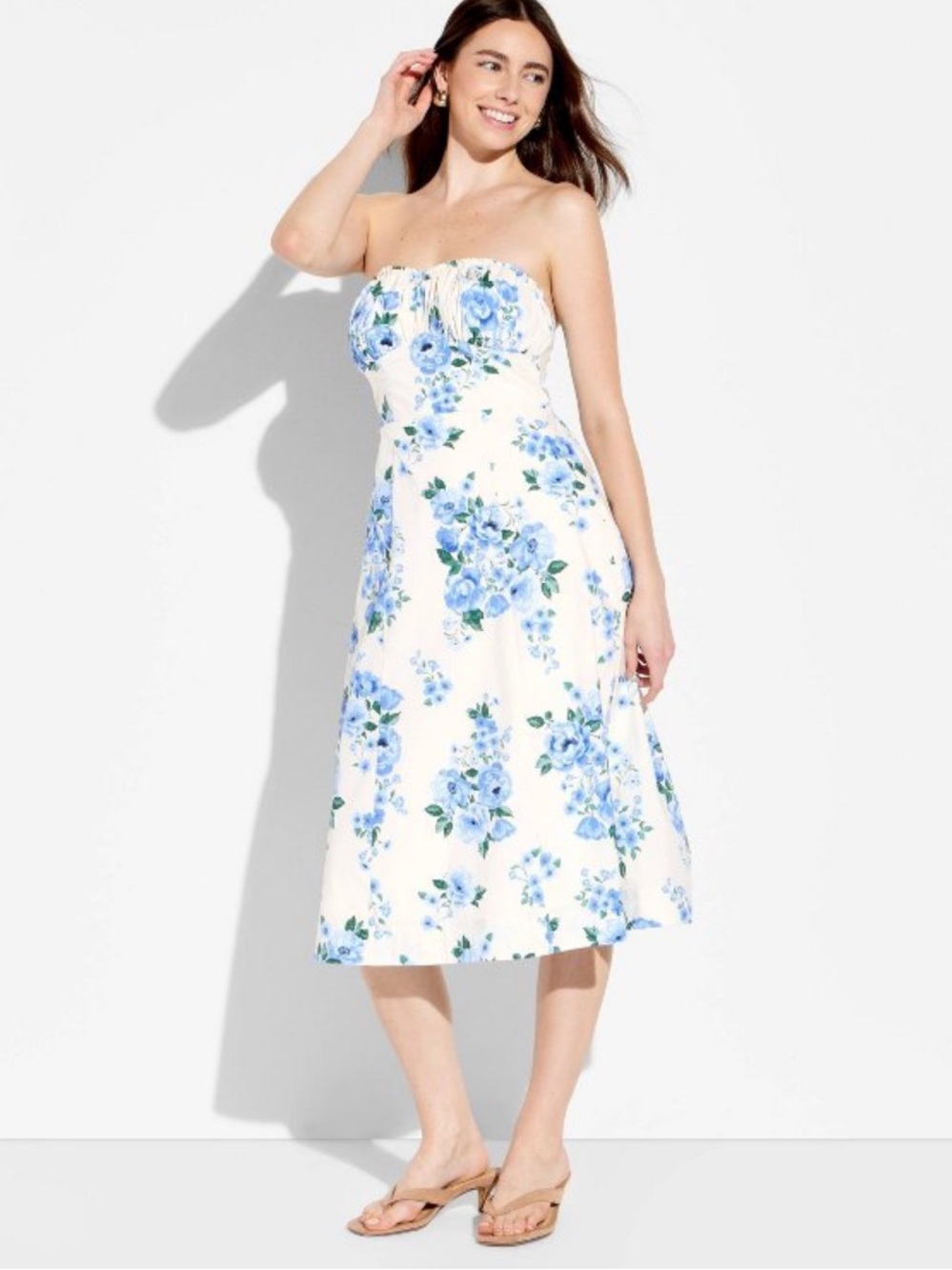 NWT Wild Fable Strapless A-line Floral Midi Dress White/Blue Cottagecore XS